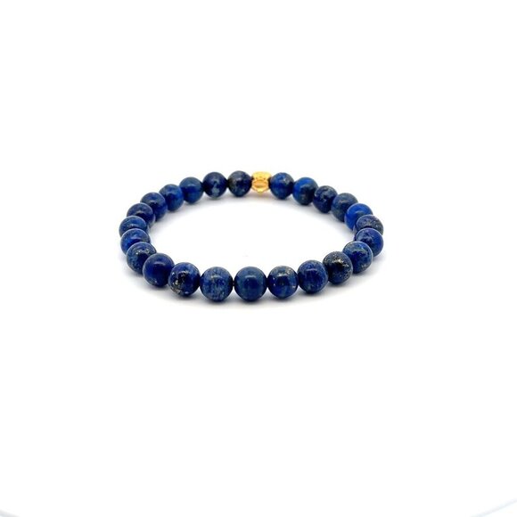 24K Gold Money Bag Stretchable Bracelet Gemstones Natural Lapis Lazuli 8mm S 7" - Picture 4 of 5